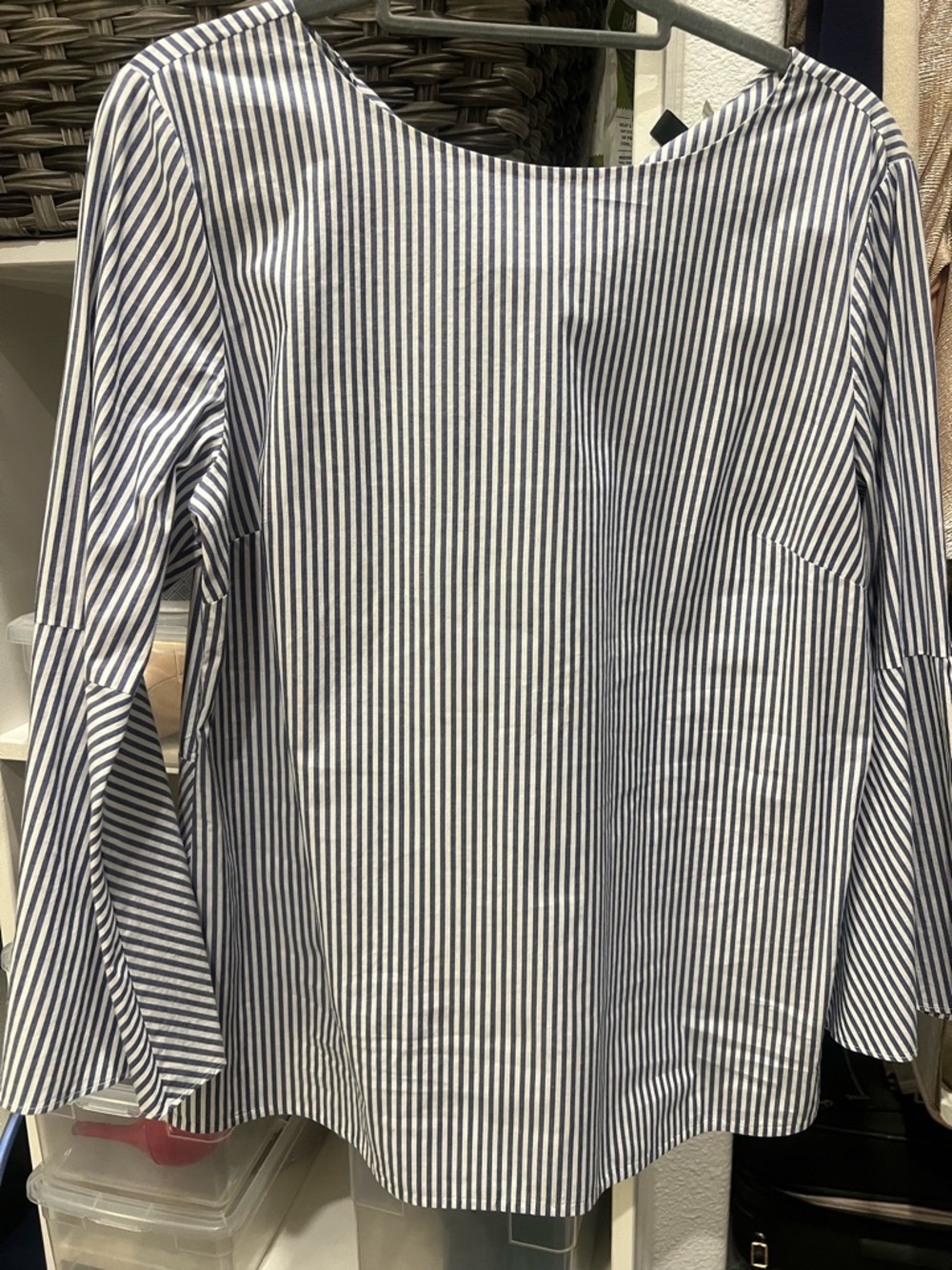 Ann Taylor Blue and White Vertical Stripe Boatneck Blouse